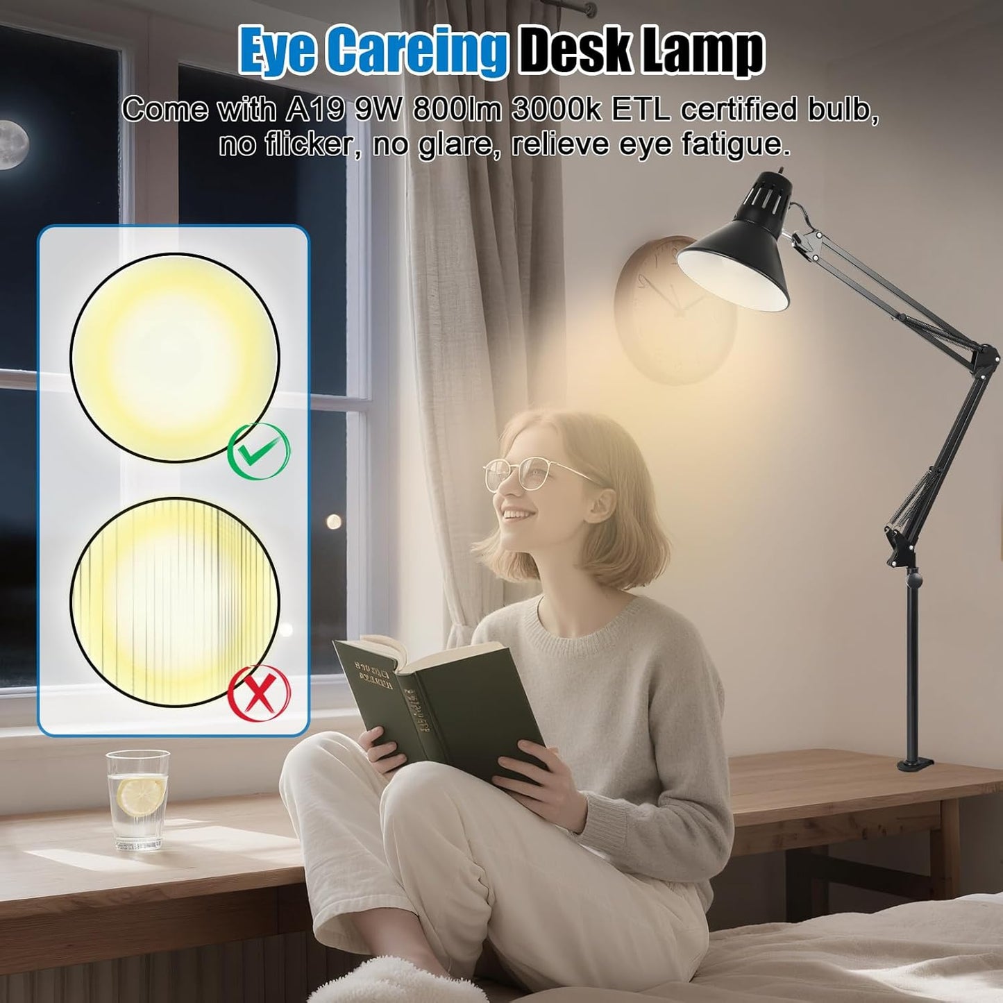 Skiennix LED Desk Lamp - 360° Adjustable Swing Arm | Eye-Caring Clamp Light for Home Office Reading