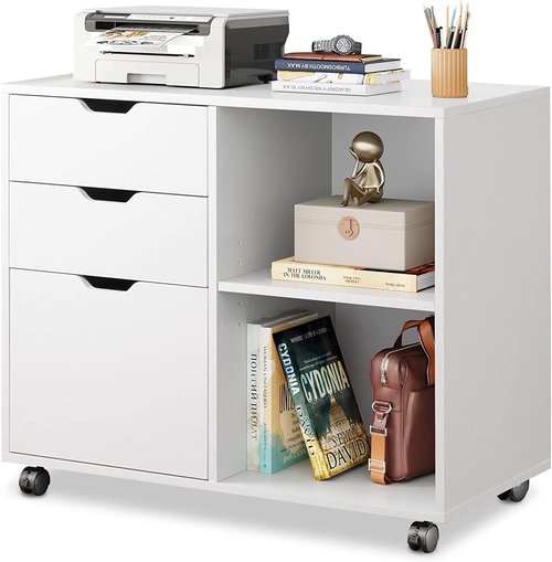 DEVAISE 3-Drawer Wood File Cabinet - Mobile Lateral Filing Cabinet with Open Storage Shelves | White Finish