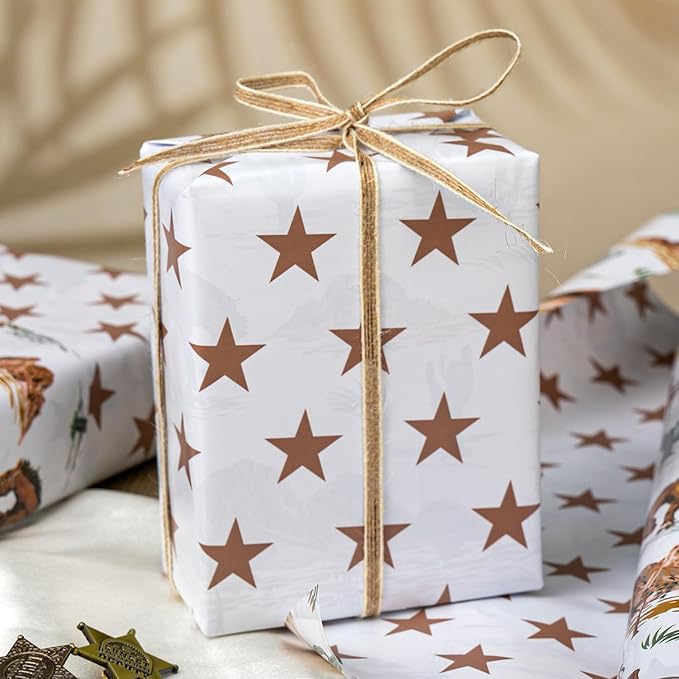 Homeral Reversible Cowboy Wrapping Paper Roll - 17In x 32.8Ft Western Gift Wrap with Rodeo Horse and Star Pattern for Boys Birthday, Fathers Day, Bachelor Party, Christmas, Farm Theme, Holiday