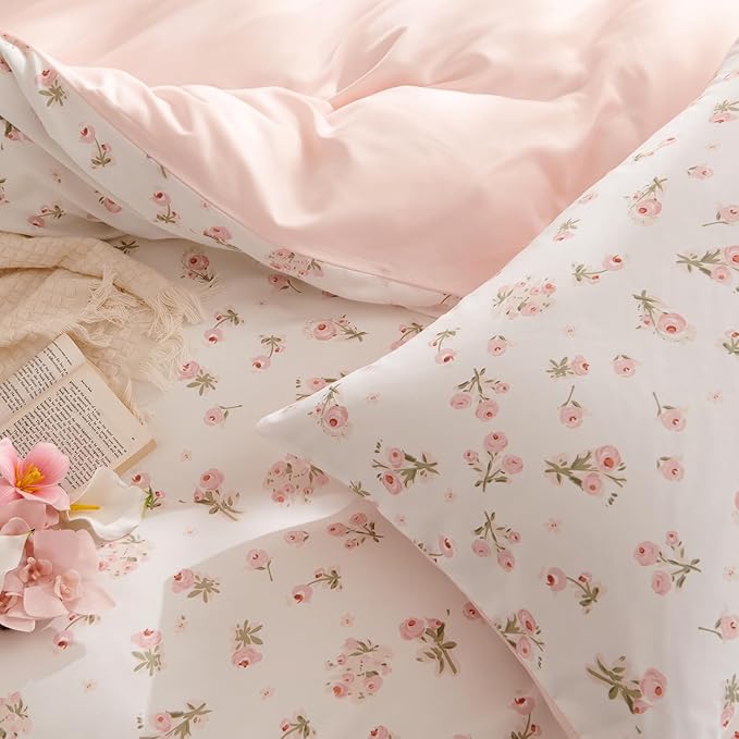 Nayoroom Pink Floral Duvet Cover Queen Size Reversible Spring Cottagecore Bedding Set Girls 3 Pcs Soft Microfiber Coquette Comforter Cover Gift for Women