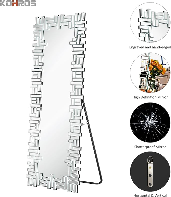 KOHROS 63"x 21" Full Length Mirror, Venetian Floor Mirror with Mirrored Frame, Glam Freestanding Leaning Wall Mirror for Bedroom Living Room Decor (Silver)