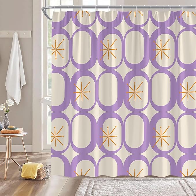 Mid Century Shower Curtain Modern Abstract Atomic Starbursts Squares Retro 50s Geometric Bathroom Decor Polyester Curtains with Hooks