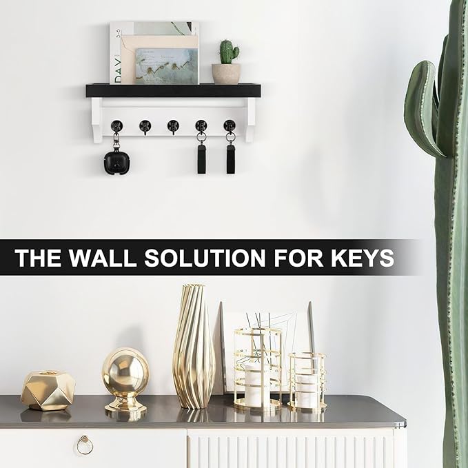 Lucundm Key and Mail Holder Wall Mount, Key Holder with Shelf and Mail Organizer Wall Mount. Mail Holder with 5 Hooks for Coat, Dog Leash, Home Decor Rack, Entry Way Organizer (Black & White)