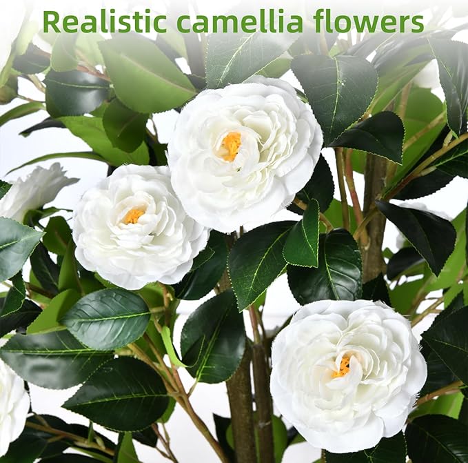 Artificial Camellia Tree 6FT – Nearly Natural Faux Plants Indoor, with Easy Assembly, Low Maintenance, Ideal for Both Indoor Decoration and Other Purposes，Perfect Porch Christmas Trees (White 6ft)