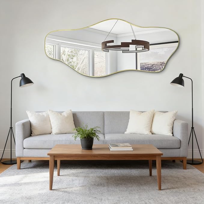 Irregular Wall Mirror, 60"x24" Large Asymmetrical Tempered Glass Mirror, Gold Modern Organic Frameless Mirrors for Entryway Hallway Bedroom Living Room, Horizontal or Vertical Hanging