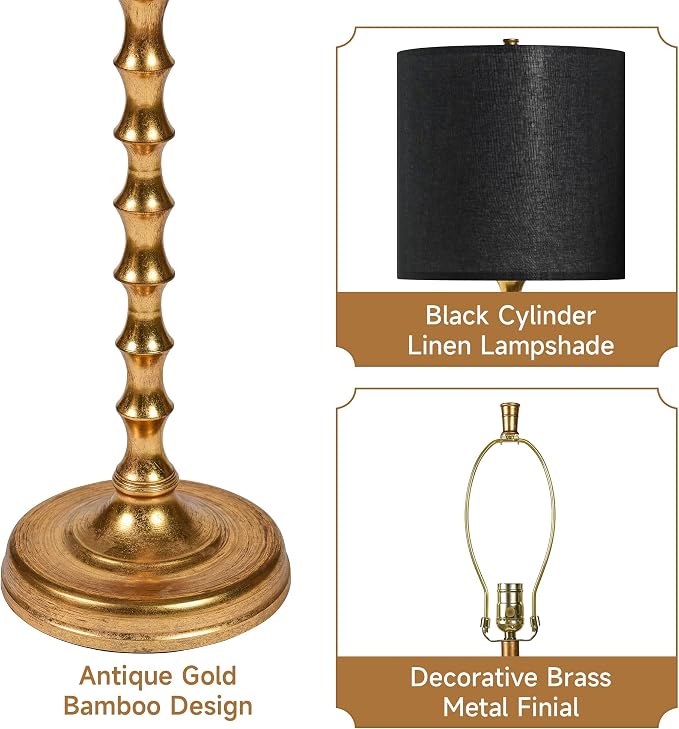 EUO 64.5" Black Gold Floor Lamp for Living Room, Brass Floor Lamps for Bedroom