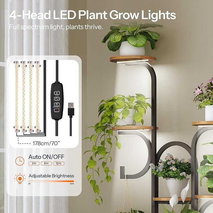 HOOBRO 7 Tiered Plant Stand Indoor with Grow Lights, 63" Corner Plant Stand for Indoor Plants, Metal Corner Shelf with 2 Hanging Basket Spots, for Home, Living Room, Rustic Brown and Black BF12DHJ01