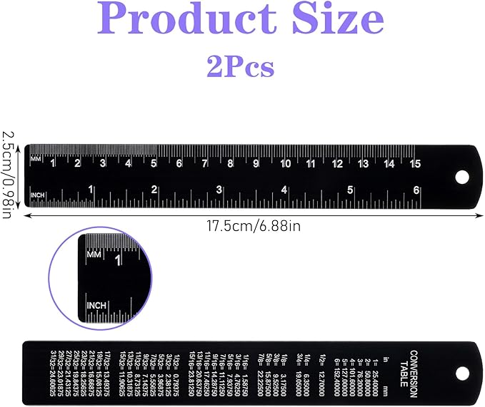 2Pcs Metal Ruler with Centimeters, 6Inch Stainless Steel Ruler Set, Millimeters, Inches and Metric Conversion Chart, Great for School, Offices, Mechanics and Draftsmen