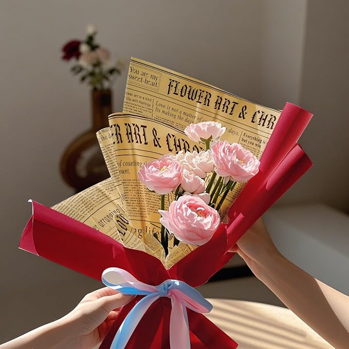 WRAPAHOLIC 20 Sheets Reversible Flower Wrapping Paper - 22 x 22 inch Retro Lettering and Red Water-Resistant Floral Bouquet Wrapping Paper, Florist Supplies Packaging Paper for Wedding Gift DIY