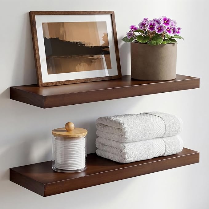 Homeforia Walnut 20 inch Floating Shelf, High End Solid Real Wood 20inch Floating Shelves for Wall Mounted, Dark Brown 20 inches Long Floating Shelves, Heavy Duty Bracket, 20 X 6.5 X 1.75 in, Set of 2
