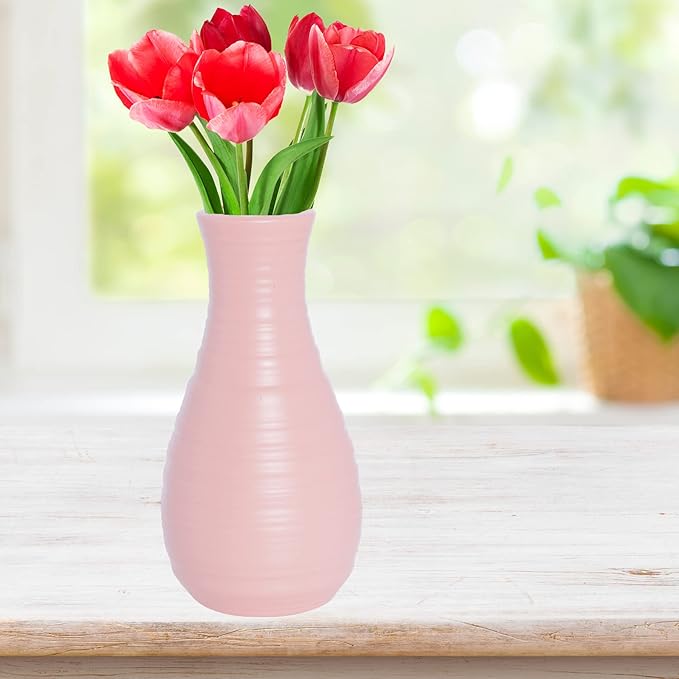 2 Pack Composite Plastics Flower Vase, Unbreakable Ceramic Look Vase for Home Decor Centerpieces, Arranging Bouquets (Pink)