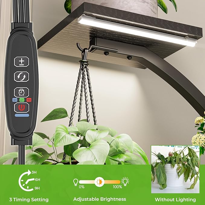 Elbourn 8 Tiered 60" Plant Stand Indoor Shelf with 3 Grow Lights (Black) | Corner Shelf Decor