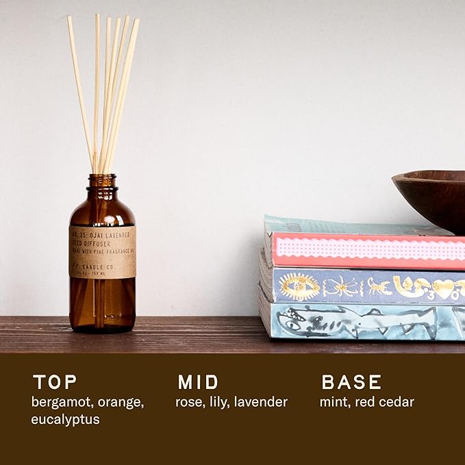 P.F. Candle Co. Ojai Lavender Classic Scented Rattan Reed Diffuser (3.5 fl oz) Amber Glass Jar, Fine Fragrance Oil, Flame-Free Fragrance, Made in The U.S.A.