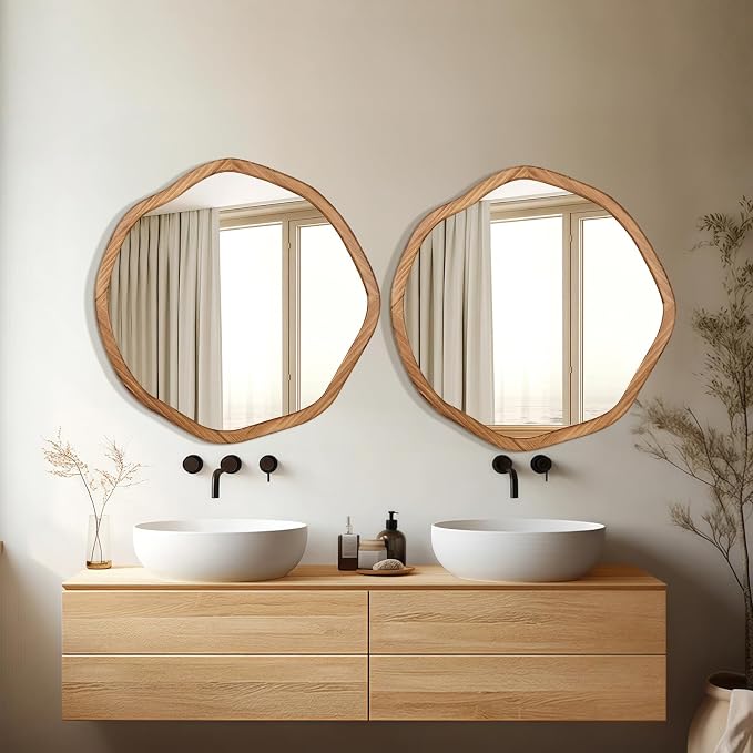 ULIKE Round Wood Mirror, 30 Inch Irregular Circle Vanity Wall Mirror with Wooden Frame, Rustic Decorative Wall Mount for Bathroom Bedroom Living Room Entryway, Rustic Brown