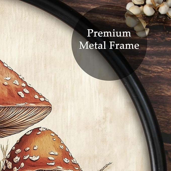XIAOAIKA Round Vintage Wall Hanging Decor, Printed Textured Surface with Wood Back, Mushroom Design, Black Metal Frame, Ready to Hang for Living Room Bedroom, 10 Inch