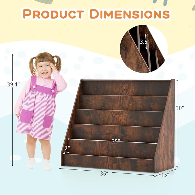 GLACER Kids Bookshelf, 5 Tier Wooden Montessori Book Display Rack, Front Facing Toddler Bookcase, Toy Storage Organizer, Book Shelf for Kids Rooms, Nursery, Classroom and Playroom (Rustic Brown)