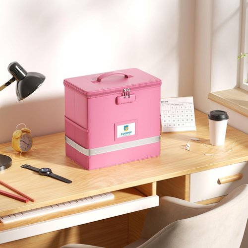 Fireproof File Box - Secure Document Storage Organizer with Lock | Collapsible, Pink, Letter Size