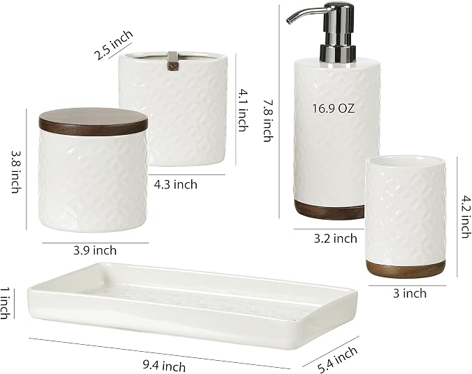 Bathroom Accessories Set, 5-Piece Ceramic and Wood Bath Accessory Complete Set with Lotion Dispenser/Soap Pump, Cotton Jar, Vanity Tray, Tumbler and Toothbrush Holder (White and Beige)