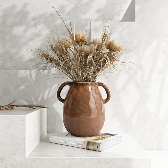 Antique Brown Ceramic Vase with Handles, Rustic Farmhouse Decor, 7 Inch Glazed Pottery Flower Vases for Home Decor, Handmade Decorative Vase for Flowers, Bouquet, Table, Kitchen, Living Room