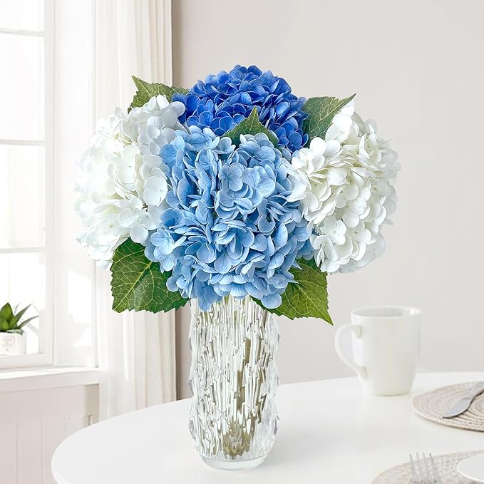 Blue/White Artificial Hydrangeas Silk Flowers, 4Pcs Large Latex Real Touch Lifelike Hydrangea Artificial Flowers,Faux Flowers Bouquet for Halloween Fall Wedding Outdoor Kitchen Table Home