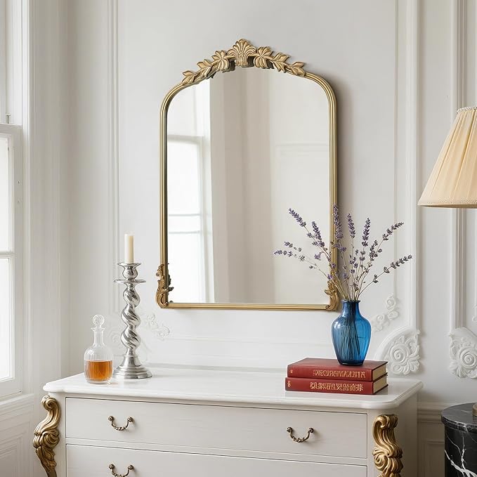 WallBeyond Gold Antique Mirror for Vanity 22x30 Inch, Gold Vintage Mirror with Ornate Frame, Arched Vintage Wall for Bathroom, Living Room, Fireplace