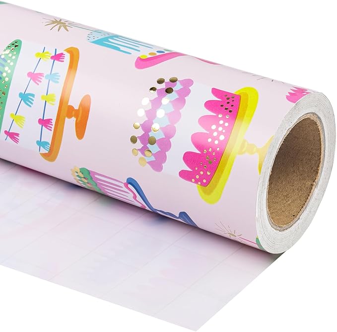 WRAPAHOLIC Birthday Wrapping Paper Roll - Mini Roll - 17 Inch x 16.5 Feet - Gold Foil Colorful Cake Wrapping Paper Perfect for Birthday, Holiday, Party, Baby Shower