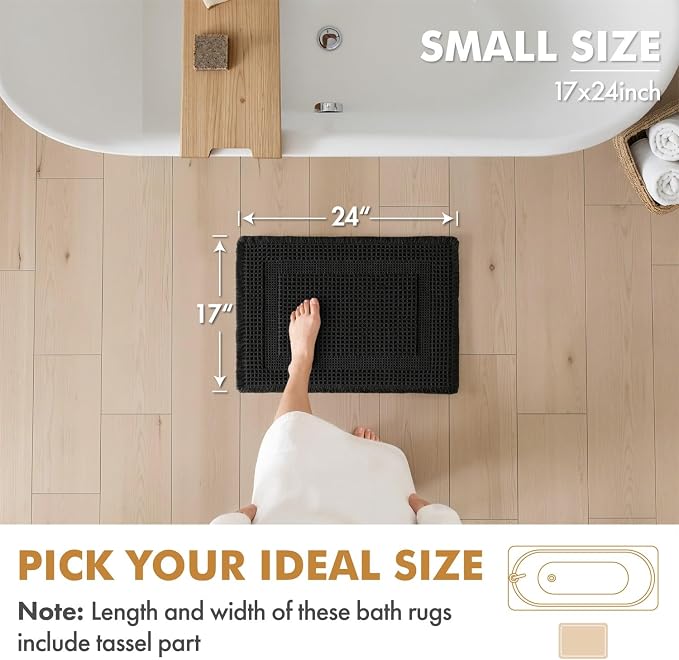 MIULEE Set of 2 Waffle Bathroom Rugs, Boho Bath Rug Super Absorbent, Non Slip Washable Ultra Soft Rubber Backed Shower Bath Mats for Floor, Tub, Shower, Looped Design, Black, 17x24 Inch