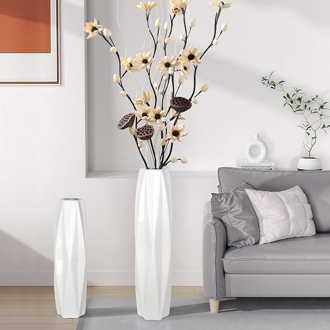 Large Ceramic Floor Vase for Flowers, 24 Inches Tall White Vases for Pampas Grass, Office, Home,Farmhouse,Living Room Décor,Simple Origami Design Decorative Porcelain Flower Vase Ideal Gift