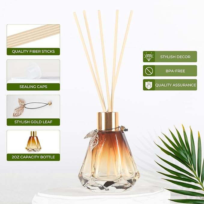 Reed Diffuser Set - 4 Empty Bottles with 20 Sticks, Delicate Gold Leaf Decor, Glass Fragrance Diffuser with Lids for Home, Bathroom | Refillable, Diamond Style (4 PCS Gold)