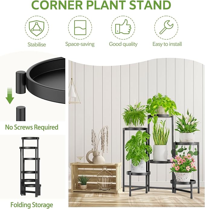 iDavosic.ly 6 Tier Large Plant Stand Indoor with 10 Inch Wide Tray, Tiered Corner Metal Outdoor Flower Display Holder Shelf, Folding Tall Rack for Patio Porch Living Room, Modern Black