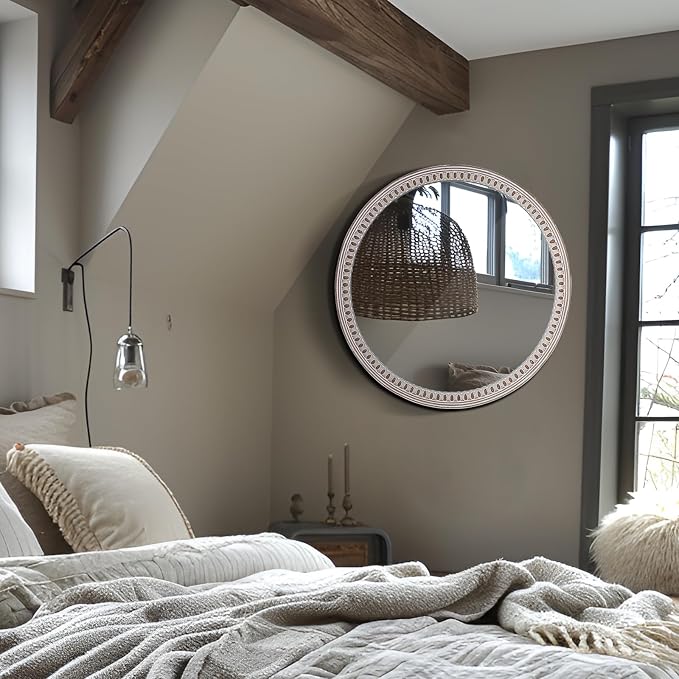 24 Inch Rustic Farmhouse Round Wood Wall Mirror, Decorative Circle Mirrors for Bathroom Over Sink, Living Room, Entryway, Bedroom