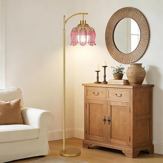 QIYIZM Pink Floor Lamp for Living Room,Bedroom,Glass Gold Dimmable Standing Lamp with Remote,Mid Century Modern Brass Tall Lamp Boho Floor Lamps Arc Stained Tulip Flower Floor Light Lamp Bohemian