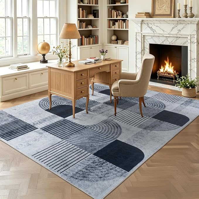 Large 9x12 Area Rugs for Living Room-Soft Modern Geometric Gray Rug for Bedroom, Washable Non-Slip Indoor Floor Abstract Carpet for Dining Room Nursery Office Home Decor