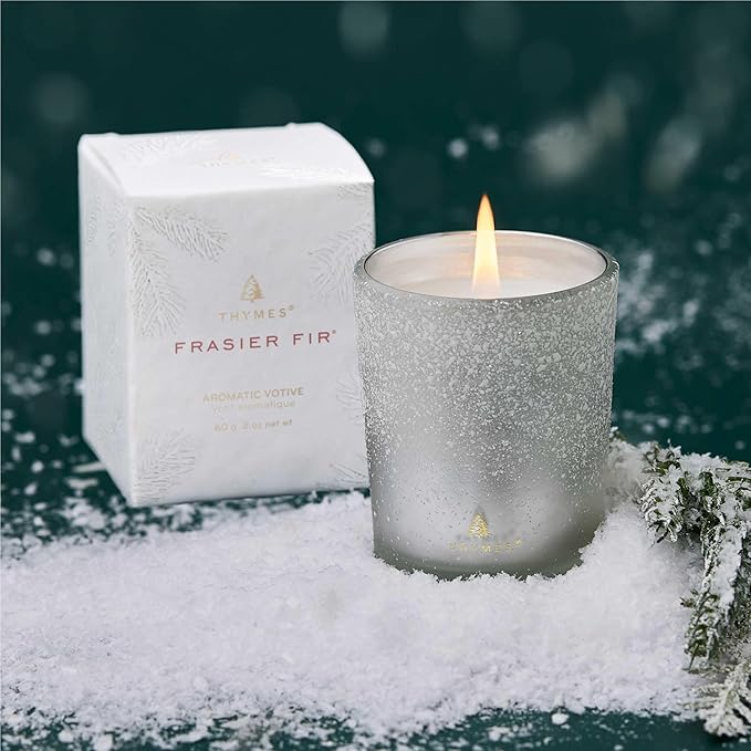 Thymes Frasier Fir Flocked Jar Candles – Holiday Scented Candles for Home with Notes of Crisp Siberian Fir, Cedarwood & Sandalwood – Luxury Home Decor Gifts for Women & Men (Votive, 2 oz)