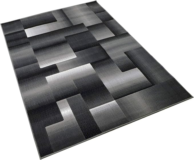 HR 8’ x 10’ Rug in Shadow- Premium Quality Silver/Black/Gray Abstract Geometric Modern Squares Pattern Area Rug - Contemporary Styling for Living Room, Bedroom - Unique Home Décor