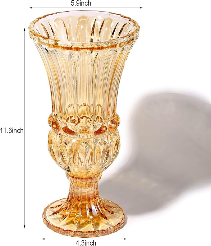 11.6" High Amber Glass Vase, Art Plant Flower Vase. Decorative for Home Office Wedding Holiday Party Celebrate Centerpiece Decor