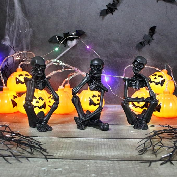 Black Skeleton Decor Set of 3, Thinker Skeleton Figurines for Home Decor, Gothic Shelf Decor Aesthetic, Resin Halloween Decorations for Bookshelf, Desk, Coffee Table