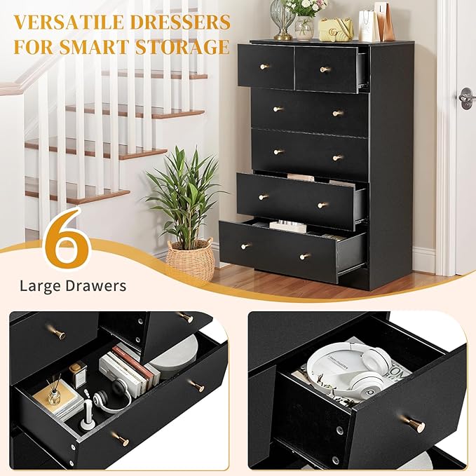 Karl home Black 6 Drawer Dresser for Bedroom, Modern Wood Dresser Chest of Drawers, Pink Bedroom Dressers for Girls, Anti-Tipping Device, Rose Gold Metal Handle, Living Room, Entryway, Hallway, Office