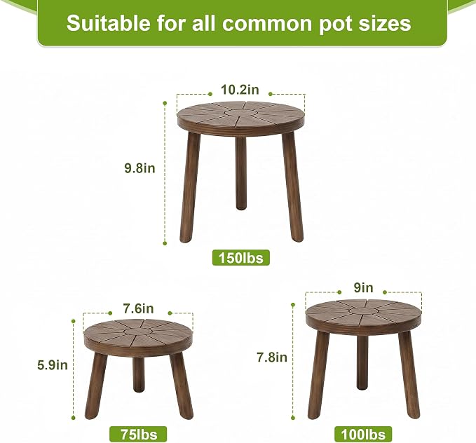 Delma Wood Plant Stands Indoor, 3-Pack Single Plant Stand for 7-10 Inch Pots, Mid-Century Modern Plant Stool, Tall Plant Stand for Large Plants for Living Room, Balcony, Office (Dark Brown, 3-Pack)