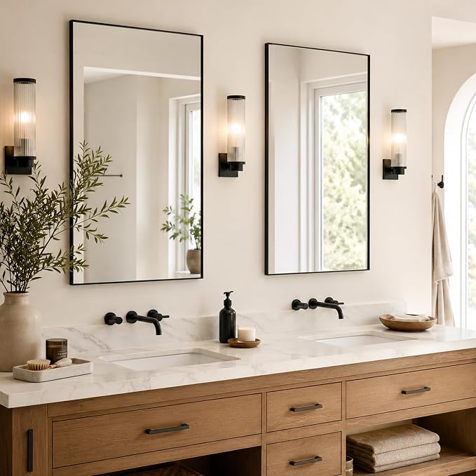24"x36" Black Bathroom Mirror for Wall, Shatterproof Tempered Glass, Rectangle Thin Metal Frame, Ultra-Flush Wall-Mounted, H/V Mount