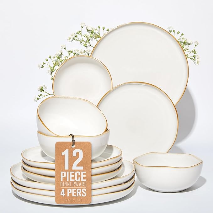 Pokini Dinnerware Set for 4, Ceramic Dish Set, Plate and Bowl Set, Microwave & Dishwasher Safe Dishware Set, Chip & Scratch Resistant Dinner Sets, Irregular Edge Design, White
