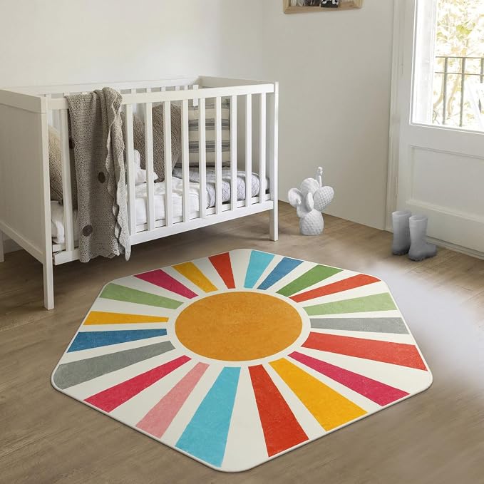 STARUIA Rainbow Machine Washable Rug for Playroom Kids Room, 4'x 4'7" Boho Sun for Girls Boys, Non-Slip Sunshine Carpet Small Play for Classroom Reading Corner Dorm