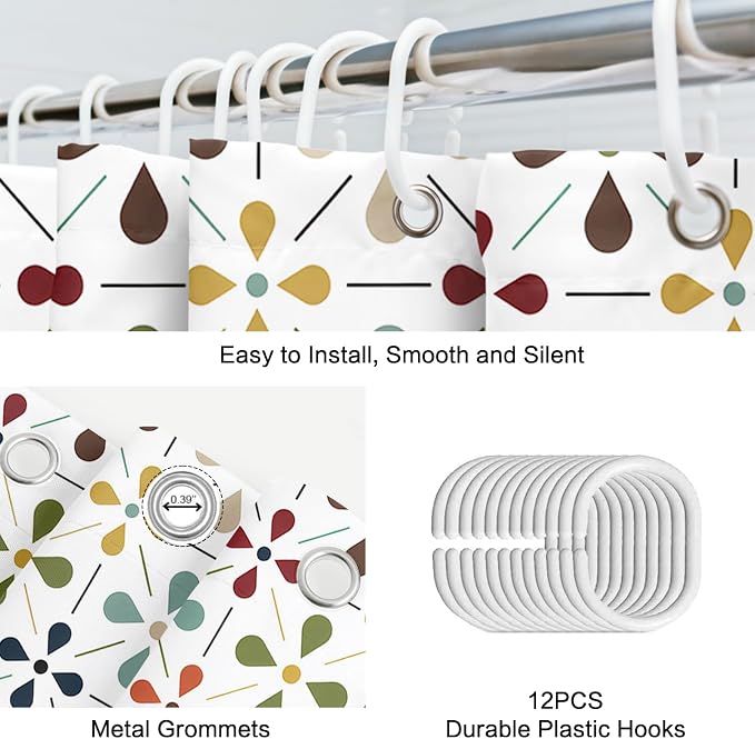 APROPHIC Mid Century Retro Shower Curtain 72x72 Inches, Vintage Geometric Pattern Bathroom Curtain with Hooks, Waterproof Polyester Fabric for Bath Shower, Machine Washable Home Decor for Bath, White