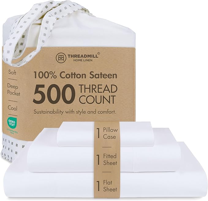 Threadmill - Twin XL Sheets Set Soft 100% Cotton Cooling Sheets Deep Pocket Snug Fit Elastic, 500 Thread Count, 3-Pc, Hotel Quality Bed Sheets, Beats Egyptian Cotton Claim (Pure White)