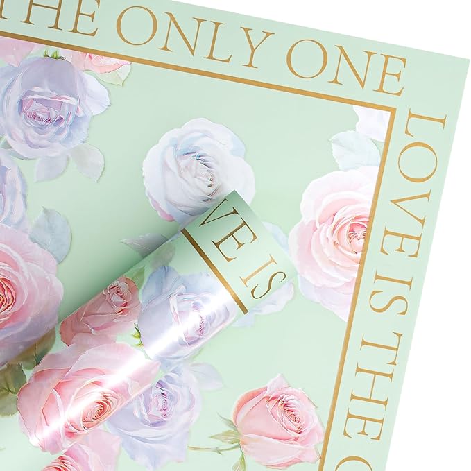 WRAPAHOLIC 20 Sheets Light Green Flower Wrapping Paper - 22.4 x 22.4 inch Rose Design Water-Resistant Floral Bouquet Wrapping Paper, Florist Supplies Packaging for Wedding Birthday Gift DIY