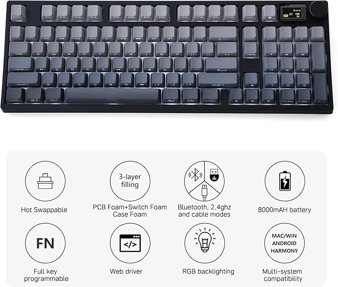 NJ98 Wireless Custom Mechanical Keyboard with Screen Knob 96% Hot Swappable RGB Keyboard Mac Windows (Dark, Steel Plate - Box Taro Ice Cream Pro)
