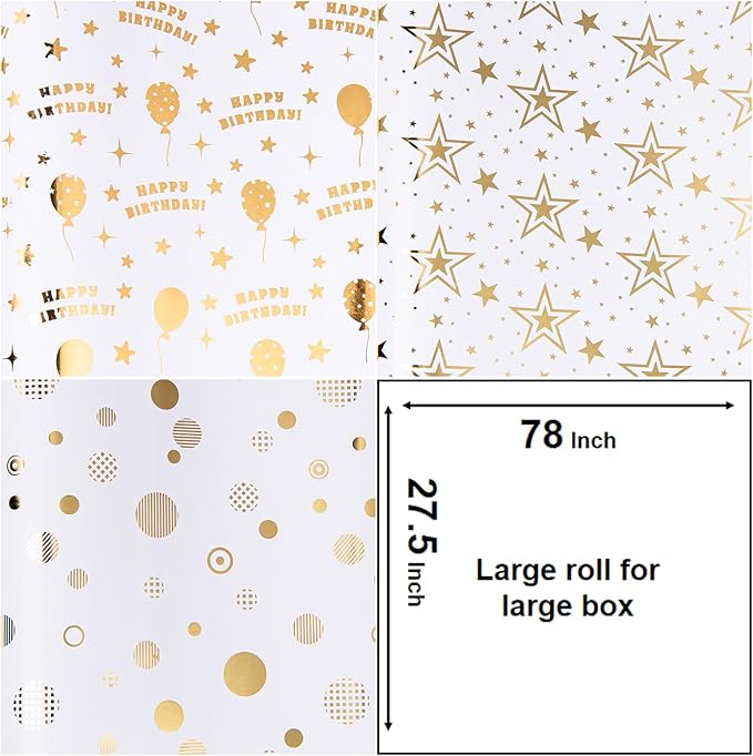 Linnoptimix Birthday Wrapping Paper Rolls -3 LARGE ROLL-27inch*78 inch per roll Colorful Foil wrapping paper(Birthday 3 White/Gold（008）)