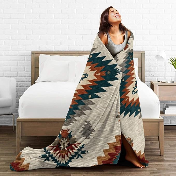 Boho Western Blanket Aztec Tribal Southwest Throw Blanket Southwestern Navajo Soft Cozy Fleece Fuzzy Stuffed Plush Flannel Gifts for Girls Women Boys Kids Adults 60''x80''