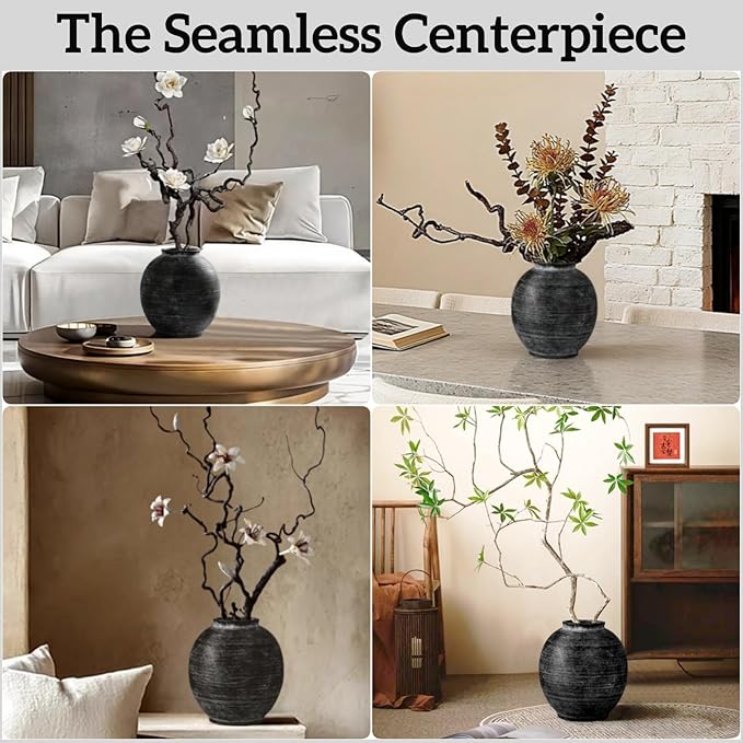 Large Black Ceramic Vase, 10.8 inch Round Minimalist Textured Floor Vase, Rustic Farmhouse Decor for Home, Living Room, Shelf, Table, Bathroom & Entryway Decoration (Black Bronze)