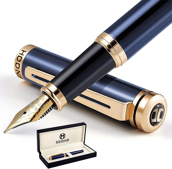 HDDNB Blue Luxury Fountain Pen Set for Men and Women with Gift Box, 24K Gold Finish and Gilded Nib(Extra Fine) with 5 Black Ink Cartridges and Converter